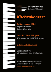 Plakat Kirchenkonzert accordimento Stuttgart-Möhringen am Samstag, den 8. November 2025 um 18 Uhr in der evangelischen Stadtkirche St. Blasius in Stuttgart Vaihingen (Pfarrhausstr. 14 in 70563 Stuttgart)
